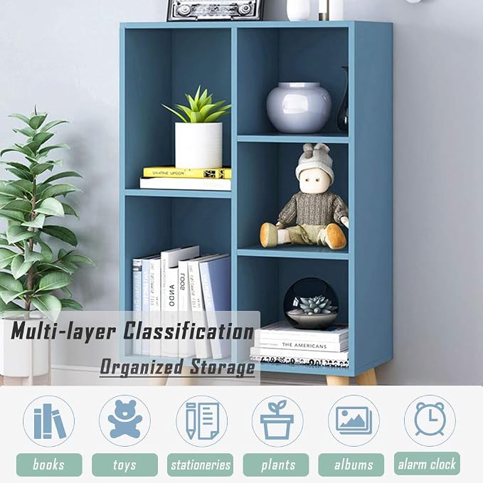 IOTXY Wooden Open Shelf Bookcase - 3-Tier Floor Standing Display Cabinet Rack with Legs, 5 Cubes Bookshelf, Bright Blue
