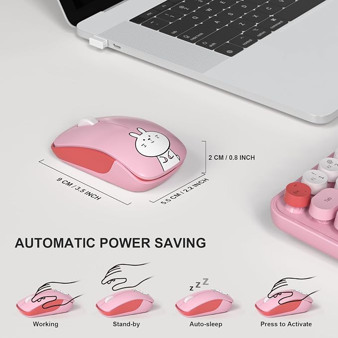 FOPETT Wireless Keyboard and Mouse Cute Mouse and Keyboard 2.4G Wireless Keyboards with Colorful 68 Keys Typewriter Retro Round Keycap for PC, Laptop,Tablet,Computer Windows - Pink Colorful