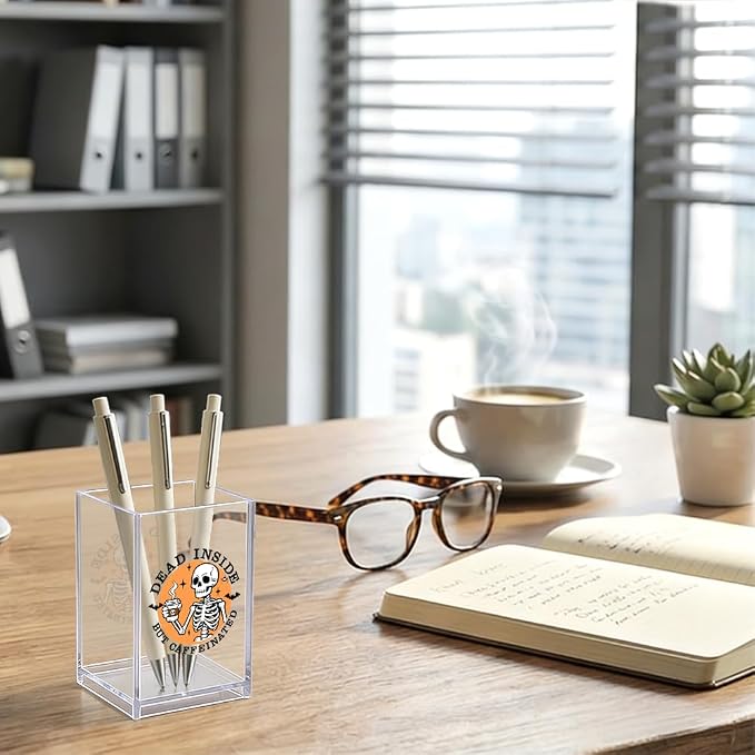 Dead Inside But Caffeinated Acrylic Pen Holder, Funny Skeleton Coffee Pencil Cup Desk Organizer, Coffee Lover Gifts for Women Men Friend Coworker Student Teacher, Gothic Office Desk Decor