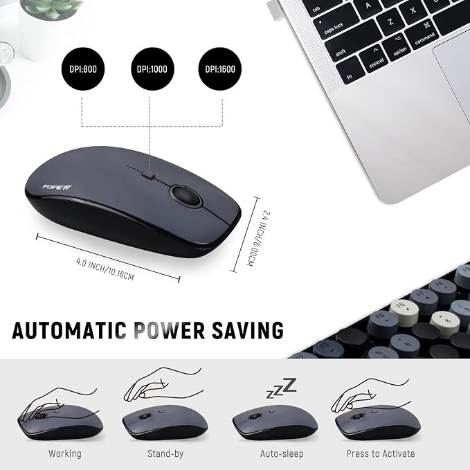 FOPETT Wireless Keyboard and Mouse Combo - 2.4G Full-Sized Cute Colorful Retro Keyboard with Round Keycaps 104 Keys Typewriter Keyboard for Laptop/Windows/PC - Grey Colorful