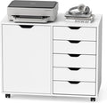 Lateral File Cabinet, 5 Drawers Chest & 1 Side Cabinet, Rolling Storage Cabinet for Home Office, Versatile Filing Cabinet with Wheels, Mobile Printer Stand, Dresser for Bedroom, White