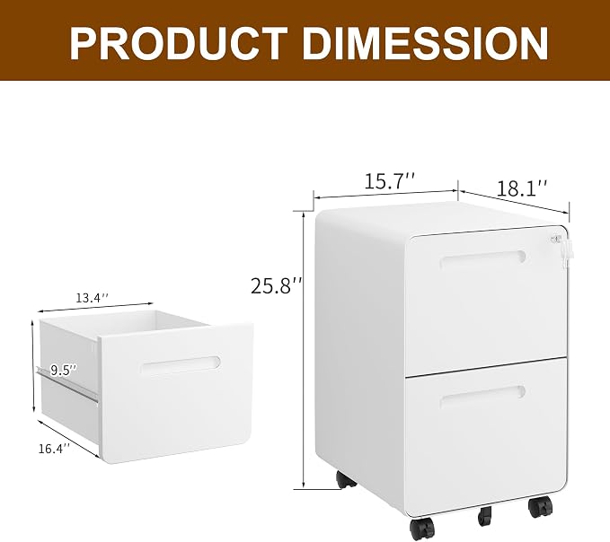 2 Drawer File Cabinet with Lock and 4 Keys, Mobile Metal Filing Cabinet, File Cabinets for Home Office, Under Desk, Pre-Assembly, File Drawer, Letter/Legal/A4 Hanging File Folders