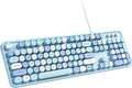 MOWUX Computer Keyboard Wired, Plug and Play USB Retro Round Typewriter Keyboard, Full Size Wired Keyboard with Foldable Stands for Laptop and Office PC- Blue Colorful