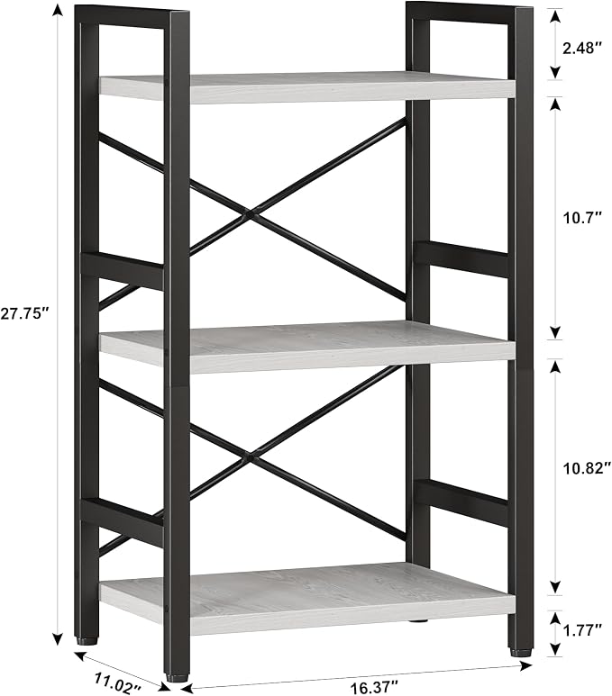 Homeiju Bookshelf, 3 Tier Industrial Bookcase, Metal Small Bookcase, Rustic Etagere Book Shelf Storage Organizer for Living Room, Bedroom, and Home Office(White) Patent Pending D29873033