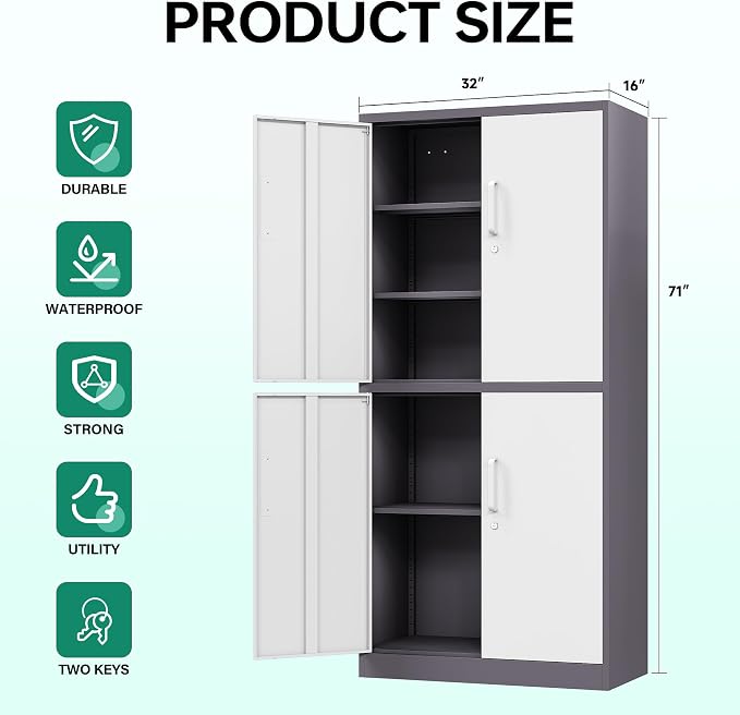 Letaya Metal Storage Cabinet with Lock Door, Adjustable Shelf Steel Cabinets for Office, Home,Pantry,Kitchen,Garage Utility Cabinet (4 Door-White&Gray)
