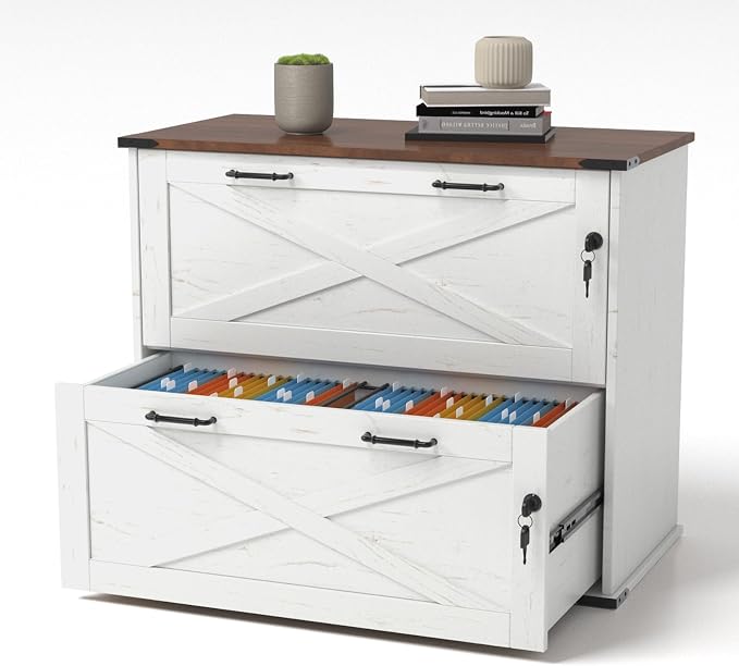 VINGLI 2 Drawer File Cabinet with Lock, Home Office Filing Organizer, for Letter Legal A4 Size File Folder Storage, Modern Farmhouse, Wood Lateral Filing Cabinet, Archivador (Rustic White & Brown)