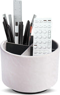 Round Leather Art Supply Organizer,Remote Control Holder,360 Degree Spinning,Multi-Functional Pencil Holder,4 Compartments Desktop Stationary Organizer(1-Hill White)