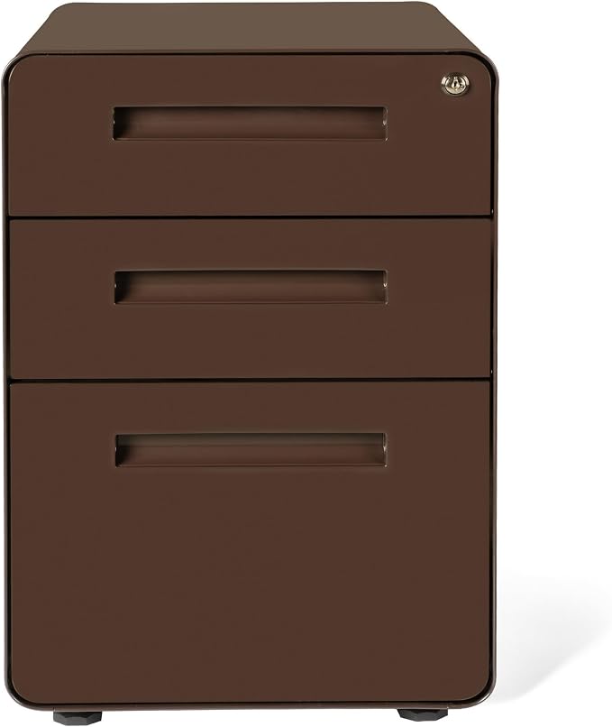 Laura Davidson Furniture Stockpile 3 Drawer File Cabinet with Lock - Under Office Desk Metal Filing Cabinet, Legal/Letter File Folders, Wheels and Stationary Feet, Pre-Assembled, Dark Brown