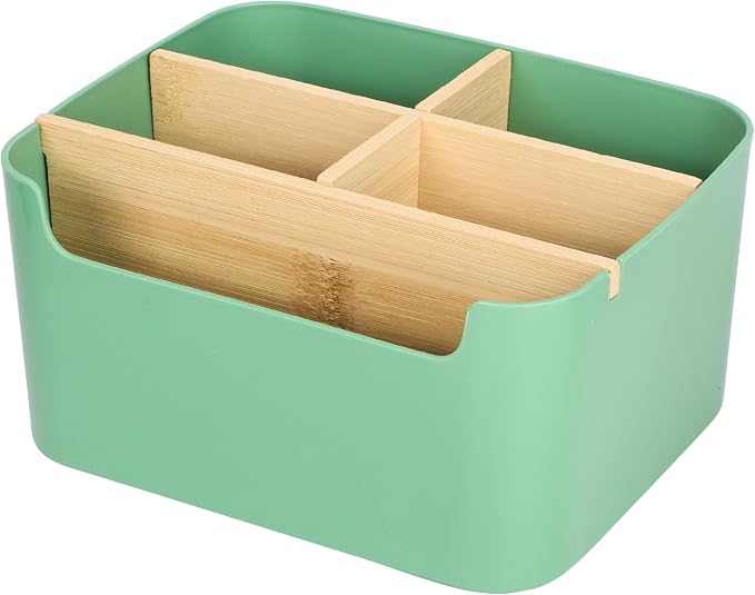 Segarty Green Remote Control Holder, Detachable Divided Bamboo Desk Organizer Caddy, Desktop Storage Box Pencil Pen Holder for Office Supplies Bedside Table Organizers