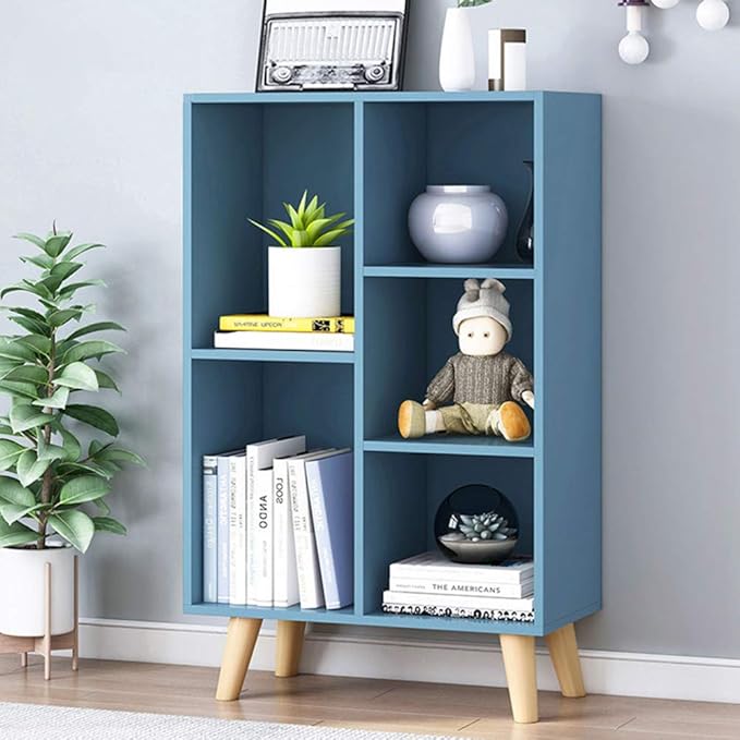 IOTXY Wooden Open Shelf Bookcase - 3-Tier Floor Standing Display Cabinet Rack with Legs, 5 Cubes Bookshelf, Bright Blue