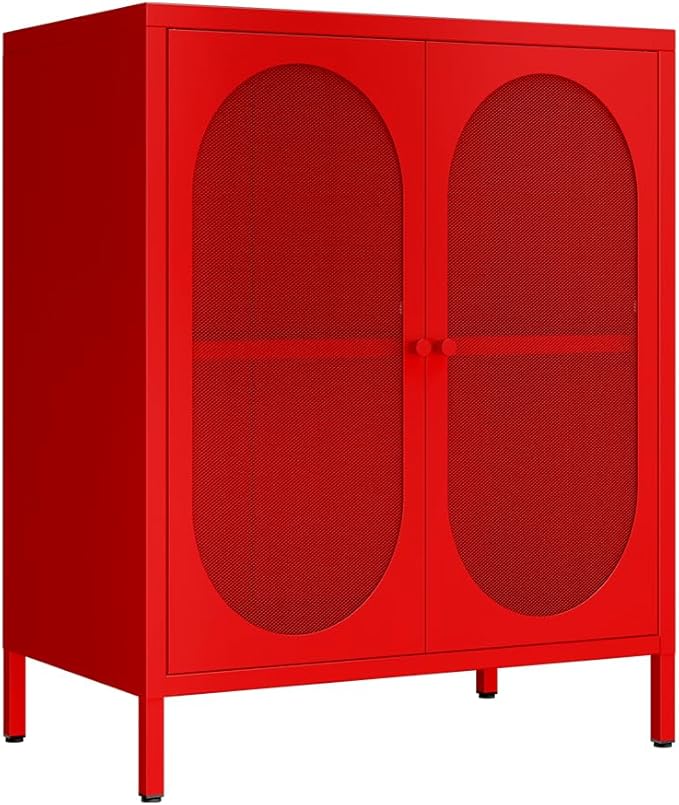 2 Mesh Door Accent Storage Cabinet for Home, Living Room, Office Room,Kitchen-Metal Locker Cabinet with 1 Adjustable Shelves-2-Tier (Small Mesh Door, red)