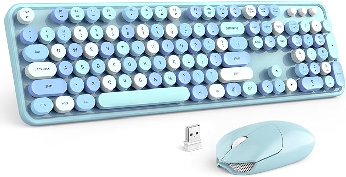 MOFII Wireless Keyboard and Mouse Combo, Blue Colorful Round Key Typewriter Keyboards, 2.4GHz Full Size Keyboard Computer Mice, USB Receiver Plug and Play, for Laptop, PC, Chromebook, Smart TV