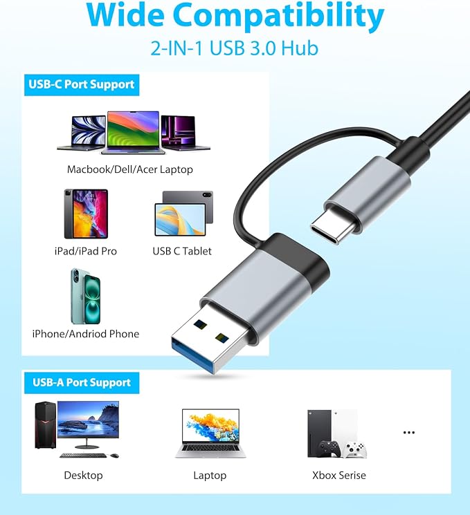 USB C Hub USB Hub 3.0 for Laptop, Upgrade 8 in 2 USB Splitter with USB-C/4 USB A Port Extender, TF/SD Card Slot, 3.5mm Audio Adapter, USBC USB Dongle for PC/Mac/MacBook/Laptop/iPad/Tablet