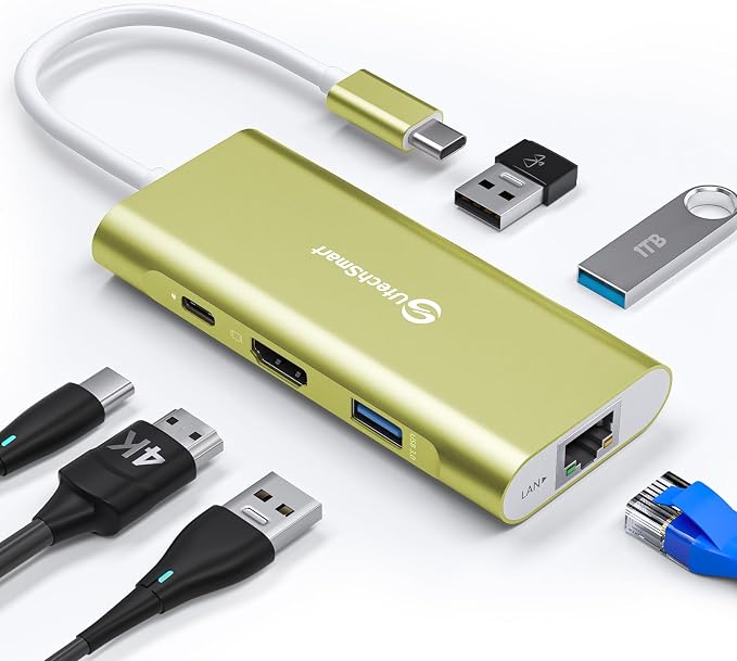 UtechSmart USB C Hub, USB C Ethernet Multiport Adapter, 6 in 1 USB C to HDMI Dock Compatible for MacBook Pro/Air, Chromebook, Dell XPS, HP (Gigabit Ethernet 100W PD 4K HDMI USB 3.0)(Gold), UCN3273