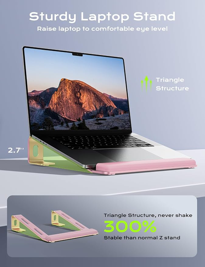 JCZT Aluminum Laptop Stand, Notebook Stand with Wrist Rest, Ergonomic Detachable Laptop Mount, Computer Stand Compatible with 10-17'' All Laptops Such as MacBook Air Pro/HP/Dell/Lenovo, Pink