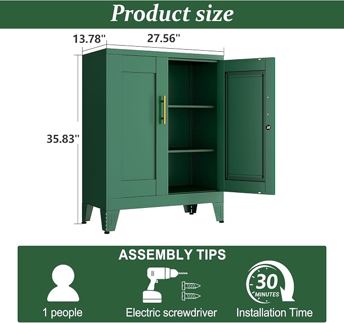 Green Metal Storage Cabinet, 36" Tall Locking Storage Cabinet with 2 Adjustable Shelves, Steel Locker Organizer, for Office, Home, School