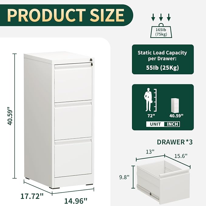3 Drawer File Cabinet with Lock, Vertical File Cabinet with Lock, Locking File Cabinet Hanging Files for A4/ Legal/Letter,White