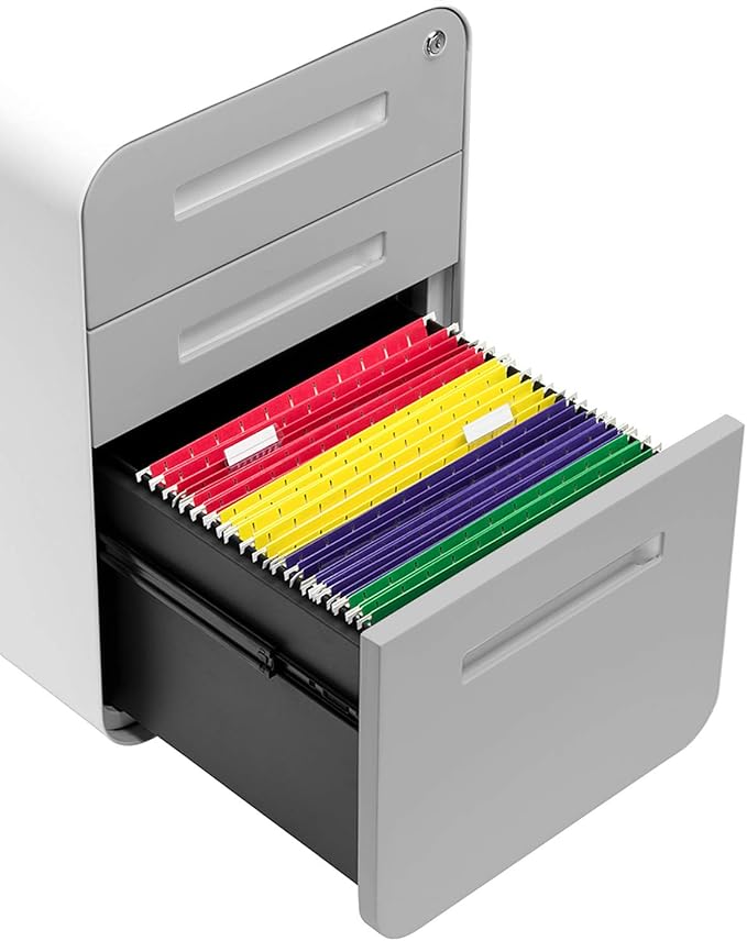 Laura Davidson Furniture Stockpile 3 Drawer File Cabinet with Lock - Under Office Desk Metal Filing Cabinet, Legal/Letter File Folders, Wheels and Stationary Feet, Pre-Assembled, Light Grey Faceplate