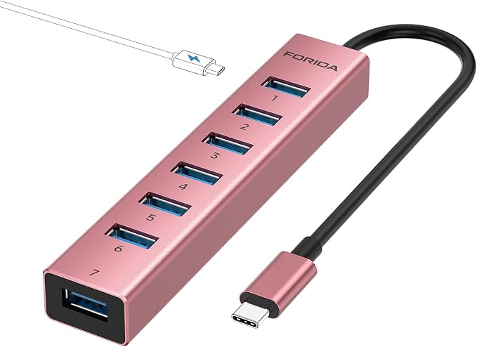 FORIDA USB C Hub-8 Port USB HUB with 7 USB3.0 Data Ports,Aluminum Alloy USBC Splitter with Type C 5V/3A Power Port Compatible with MacBook,iPad,Surface Pro,Laptop,PC (Rose Gold,USB C-9.8in)
