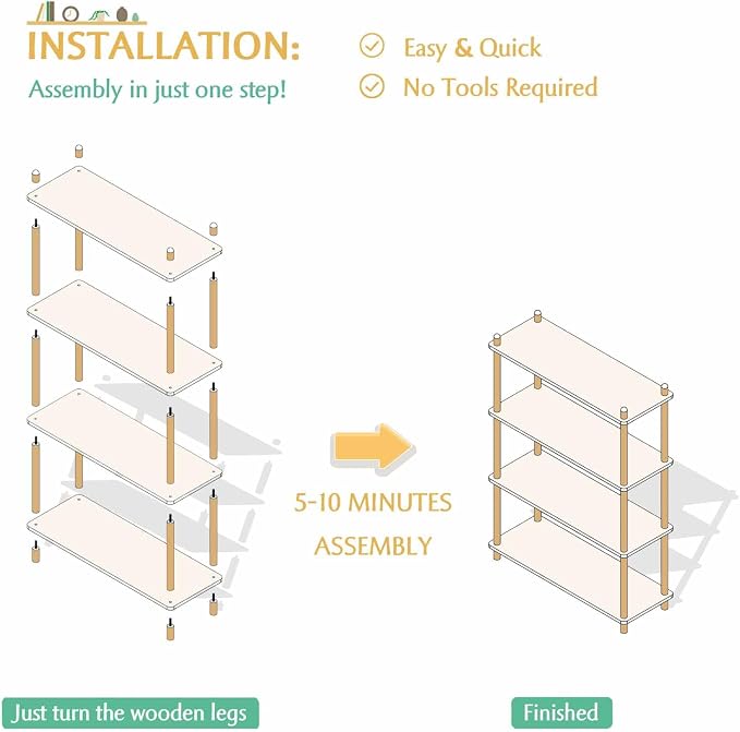IOTXY 4-Tier Wooden Shelf Bookcase - Modern Open Bookshelf, Free Standing Storage Rack, Multifunctional Display Stand for Home and Office, Oak, Rectangle