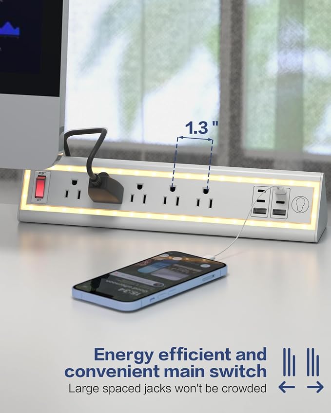 Desk Clamp Power Strip with Nightlight, 40W Fast Charging, 6FT Extension Cord, 4x20W USB-C & 2 USB Ports, 5 AC Outlets, Fits 1.69-Inch Table Edges