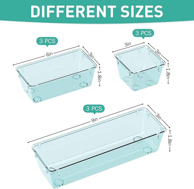 WOWBOX 9 Pack Clear Drawer Organizer Set, Acrylic Drawer Storage Trays, Storage Bins for Makeup, Cosmetics, Jewelries, Utensils, Gadgets, Office, Sea Blue