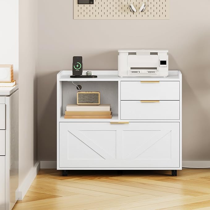 HOOBRO Lateral File Cabinet, Wooden Office Storage Drawers with Charging Station, Filing Cabinet for Home Office, A4/Letter/Legal-Sized Files, Printer Stand with Open Storage Spaces, White WT37UWJ01