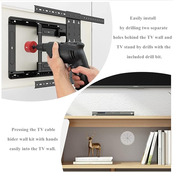 4 Pack TV Cord Hider for Wall Mounted TV, 2-3/8"(60mm Hole) Wire Hider in Wall Cable Management Kit, Includes 4 Pass Throughs and 1 Hole Saw Drill Attachment Easy to Install