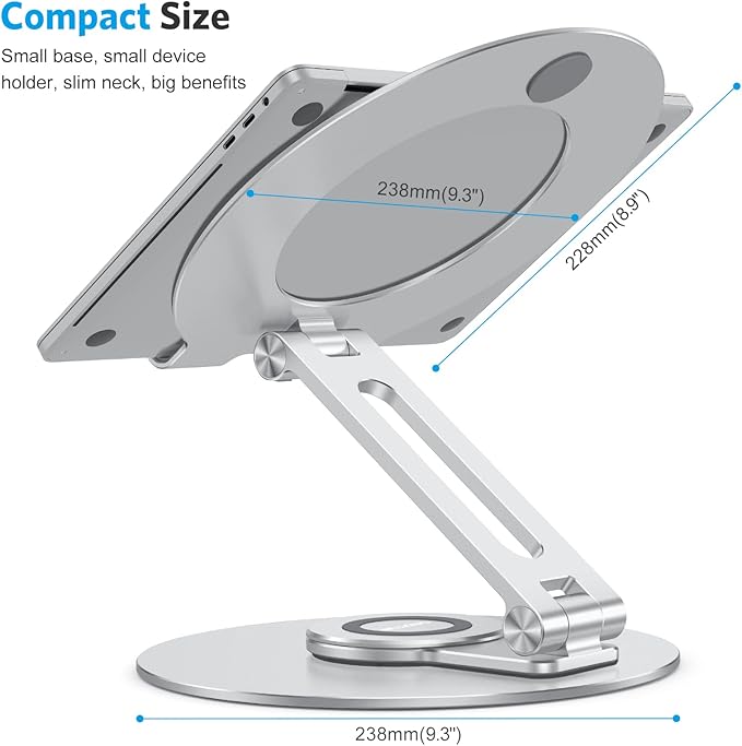 OMOTON Adjustable Laptop Stand with 360 Rotating Base, Ergonomic Laptop Riser for Collaborative Work, Dual Rotary Shaft Fully Foldable for Easy Storage, Fits All Laptops up to 16 inches, Silver