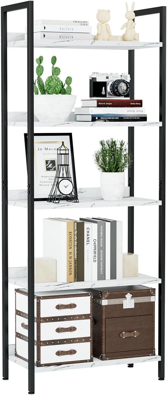NUMENN Bookshelf, 5 Tier Bookshelves, Home Office Bookcase Shelf Storage Organizer, Free Standing Storage Shelving Unit for Bedroom, Living Room and Home Office, White Marble