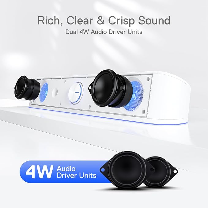Redragon GS560 RGB Desktop Soundbar, 2.0 Channel Computer Speaker with Dynamic Lighting Bar Audio-Light Sync/Display, Touch-Control Backlit with Volume Knob, USB Powered w/ 3.5mm Cable, White