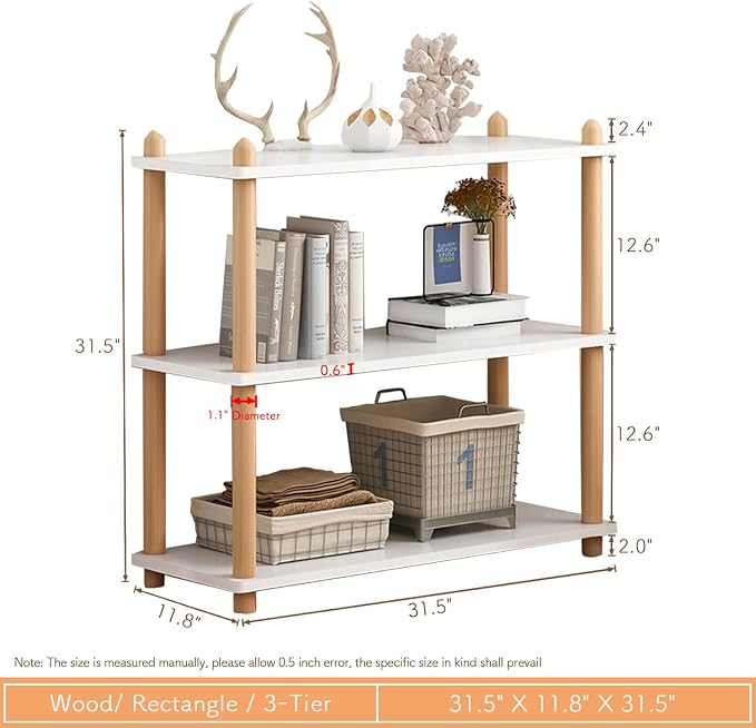 IOTXY 3-Tier Wooden Shelf Bookcase - Modern Open Bookshelf, Free Standing Storage Rack, Multifunctional Display Stand for Home and Office, White, Rectangle