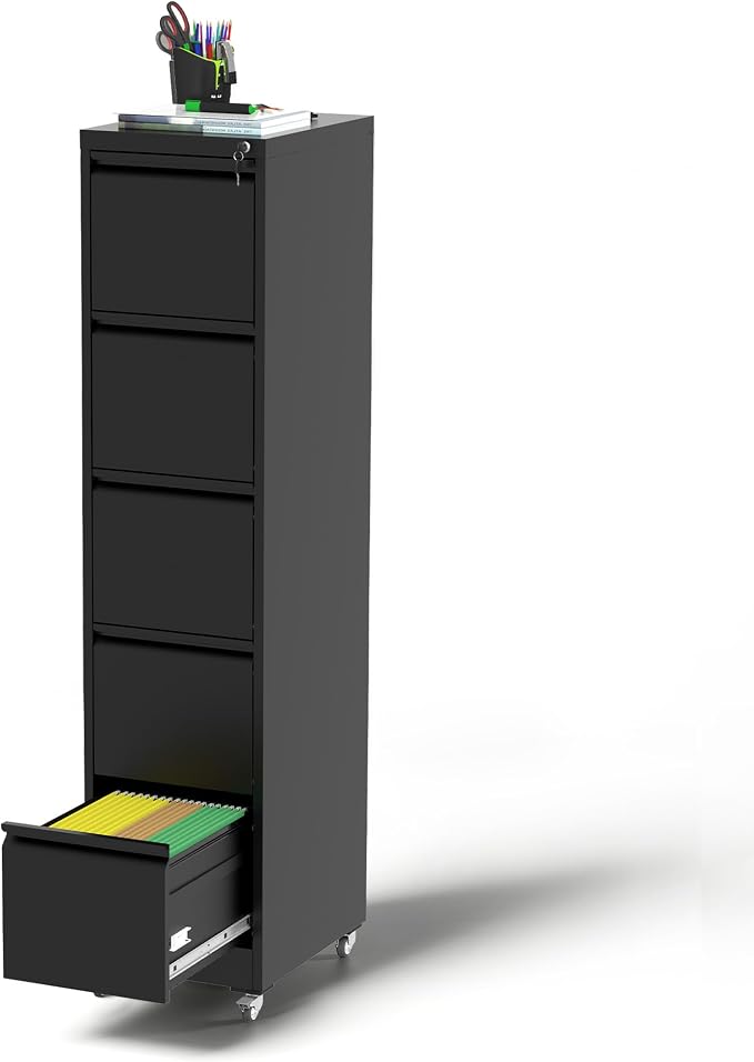 5 Drawer Mobile File Cabinet, Under Desk File Cabinet,Metal Filing Cabinets with Lock for Home Office Organizer Letter/Legal/A4,Require Assembly (Black)
