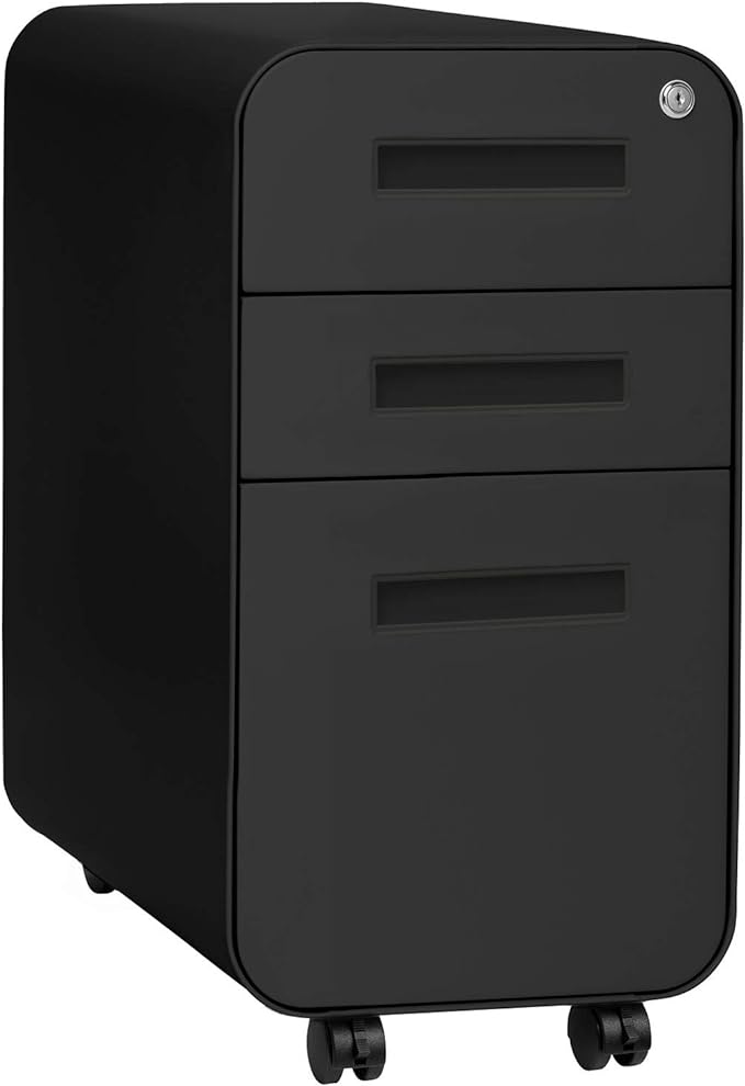 Laura Davidson Furniture Stockpile Slim 3-Drawer Mobile File Cabinet with Lock - Under Desk Metal Filing Cabinet, Legal/Letter File Folders, Wheels and Stationary Feet, Pre-Assembled, All Black