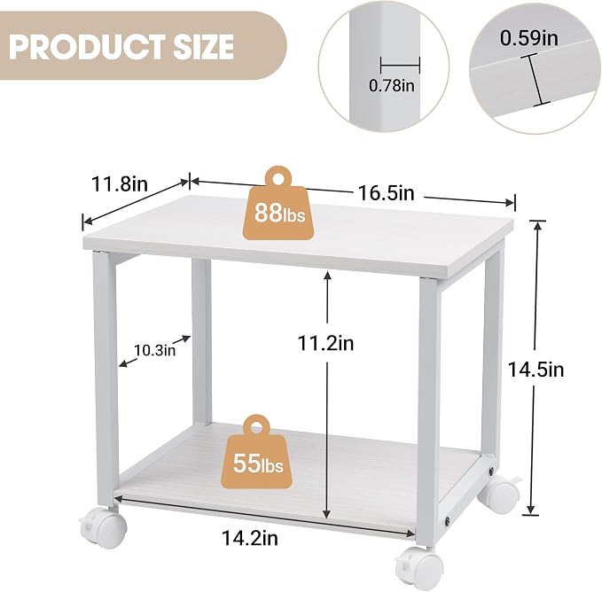 Under Desk Printer Stand - 2-Tier Industrial Mobile Printer Table with Storage Shelf, Heavy Duty Wood Rolling Printer Cart with Wheels for Home and Office,Maple White