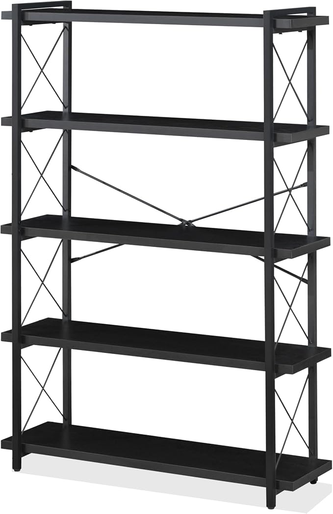 HCHQHS Bookshelf, 5-Tier Industrial Bookcase, Black Open Book Shelf, Freestanding Tall Bookshelves with Metal Frame