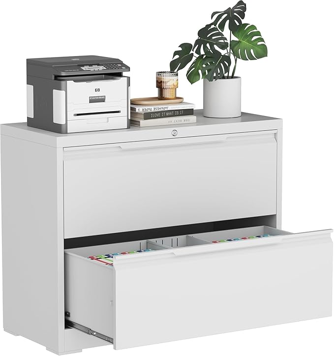 2-Drawer Metal File Cabinet with Lock,Steel Printer Stand with Storage for Home Office,Lateral Filing Cabinet for Legal/Letter/A4 Files,Assembly Required(35.43''W-2 Drawers,White)