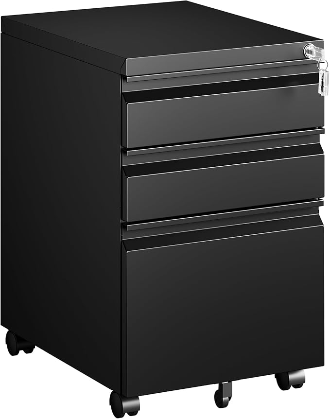 PEUKC 3 Drawers Mobile File Cabinet with Lock, Under Desk Rolling File Cabinet for Home Office, Organizes Letter Legal A4 Files, Black(Assembly Required)