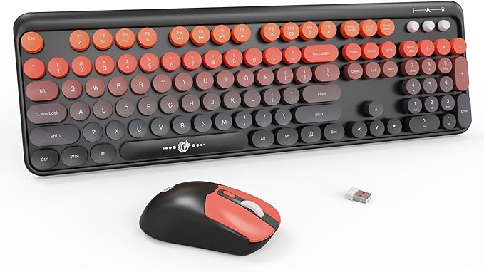 Wireless Keyboard and Mouse Combo, 2.4 GHz Wireless Full-Sized Typewriter Keyboard with Round Keycaps for Windows, Computer, Desktop, PC, Laptop (BlackOrange)