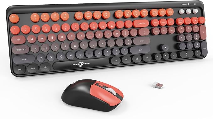 Wireless Keyboard and Mouse Combo - Cute Colorful Keyboard and Mouse, Retro Typewriter Keyboard with 2.4GHz Plug & Play, for Windows 11/10/7, Laptop, PC (Orange)