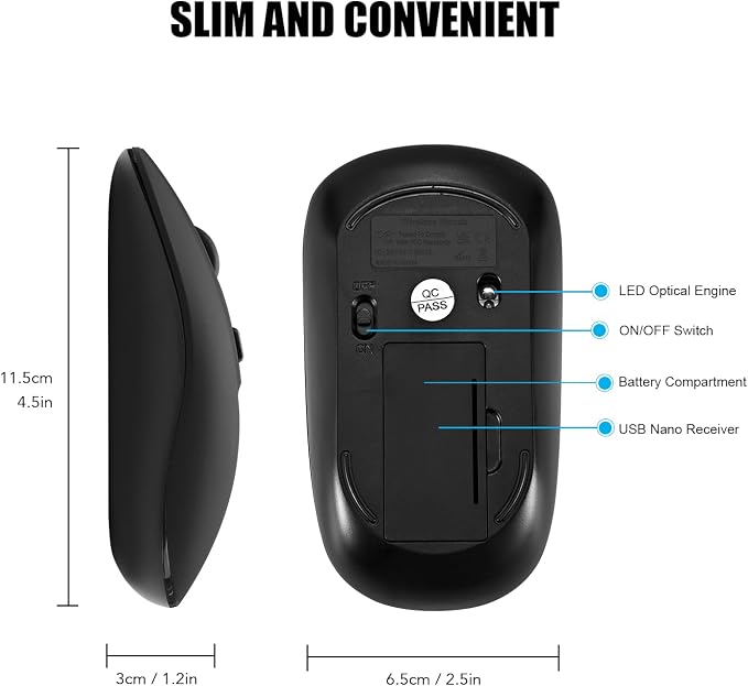 cimetech Wireless Computer Mouse, 2.4G Slim Cordless Mice Less Noise for Laptop Ergonomic Optical with Nano Receiver USB Mouse for Laptop, Deskbtop, Mac (BAT Black)