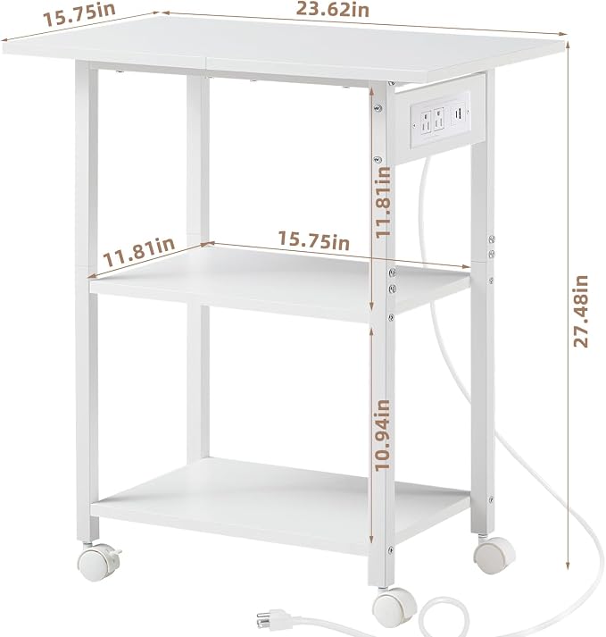 Lerliuo 3-Tier Printer Stand with Charging Station, Industrial Mobile Printer Table with Storage Shelf and Steel Frame, Rolling Printer Cart Holder with Lockable Wheels for Home, Office (White)