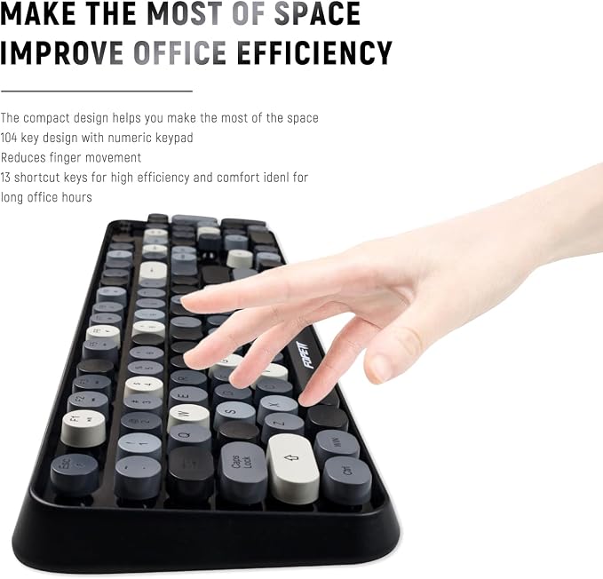 FOPETT Wireless Keyboard and Mouse Combo, 104 Keys Full-Sized 2.4 GHz Round Keycap Colorful Keyboards, USB Receiver Plug and Play, for Windows, Mac, PC, Laptop, Desktop (Grey)