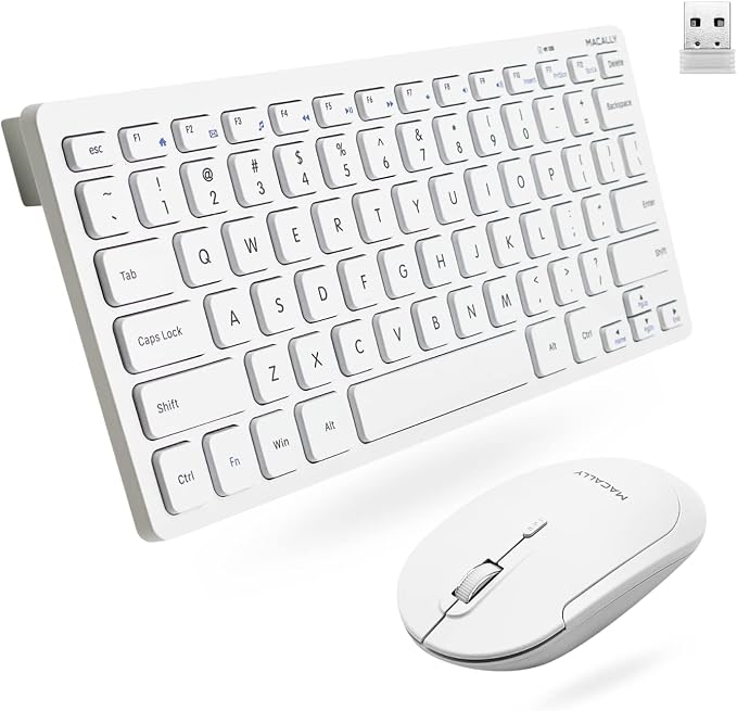 Macally White Wireless Keyboard and Mouse Combo - Quiet Productivity Duo - 2.4G Small Keyboard and Mouse Wireless - 78 Key Quiet Cordless Compact Mouse and Keyboard Combo with Mini Body