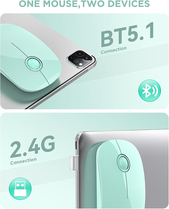RAPIQUE R306 Wireless Mouse, Green, Bluetooth, USB, 480 hours battery life, 1600 DPI, Compatible with Windows, MacOS, Chromebook, Surface Pro, Laptops, PCs, and Computers