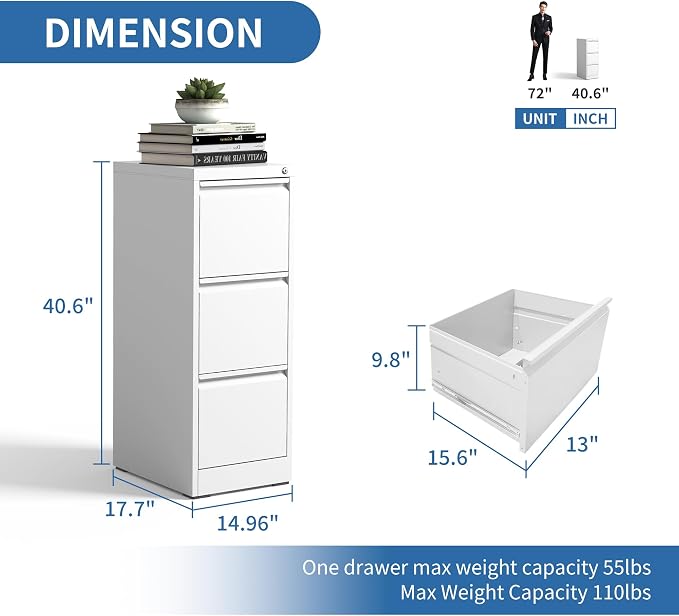 3 Drawer File Cabinet with Lock, Metal Vertical Filing Cabinets for Home Office, Steel Storage Cabinet for Hanging Legal/Letter Size Files, Assembly Required (White)
