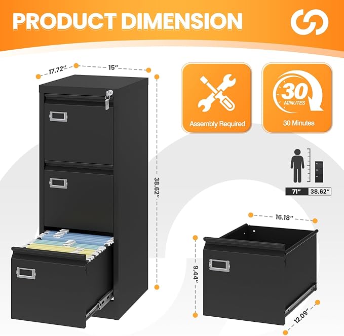 3 Drawer File Cabinet with Lock, Metal Filing Cabinets for Home Office, Vertical Black Locking File Caninet, Steel Narrow Three Drawer File Cabnet for Letter/Legal / A4 / B4- Assembly Required