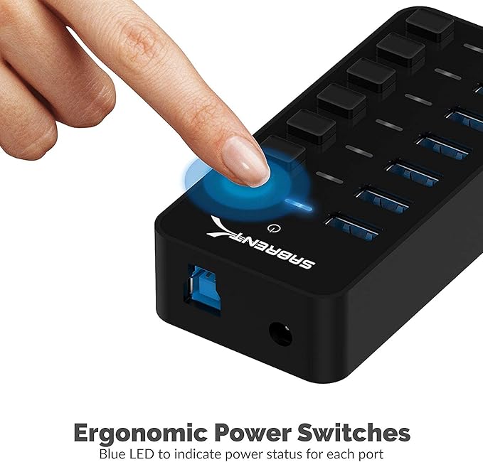 SABRENT 36W 7 Port USB 3.0 Hub with Individual Power Switches and LEDs Includes 36W 12V/3A Power Adapter (HB-BUP7)
