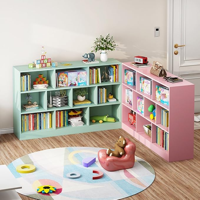 IOTXY Open Shelf Low Bookcase - Wooden 3-Tier Floor Standing Display Cabinet Organizer with Base, 8 Cubes Short Horizontal Bookshelf in Tiffany-Green