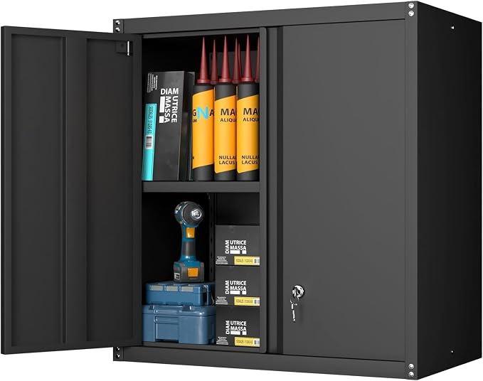 GREATMEET Locking Metal Wall Cabinets for Garage, Garage Cabinets Wall Mount, Steel Floating Hanging Storage Cabinet with Doors and Adjustable Shelf for Utility Room